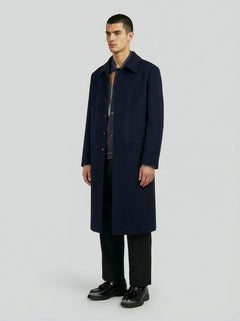 Manteau bleu long en laine minimaliste- Lebrun Paris