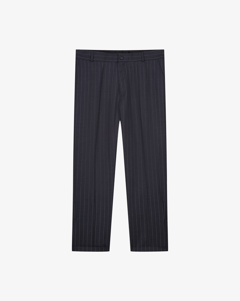 Pantalon homme gris anthracite à rayures en laine, vue de face - Lebrun Paris
